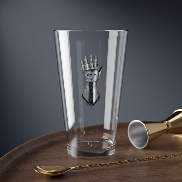 16 oz pint glass with the dnd symbol of Helm, fantasy deity of dungeons and dragons, on table