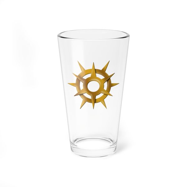 16 oz pint glass with the dnd symbol of Pelor, fantasy deity of dungeons and dragons, front