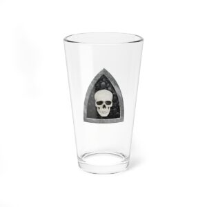 16 oz pint glass with the dnd symbol of Myrkul, fantasy deity of dungeons and dragons, front