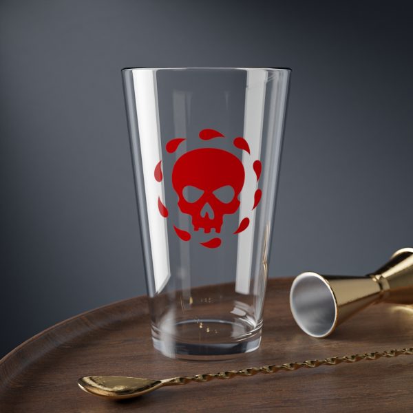 16 oz pint glass with the dnd symbol of bhaal, fantasy deity of dungeons and dragons, on desk