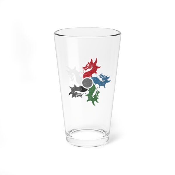 16 oz pint glass with the dnd symbol of tiamat, fantasy deity of dungeons and dragons, front