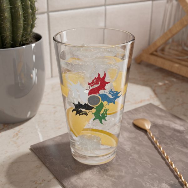 16 oz pint glass with the dnd symbol of tiamat, fantasy deity of dungeons and dragons, lemonade