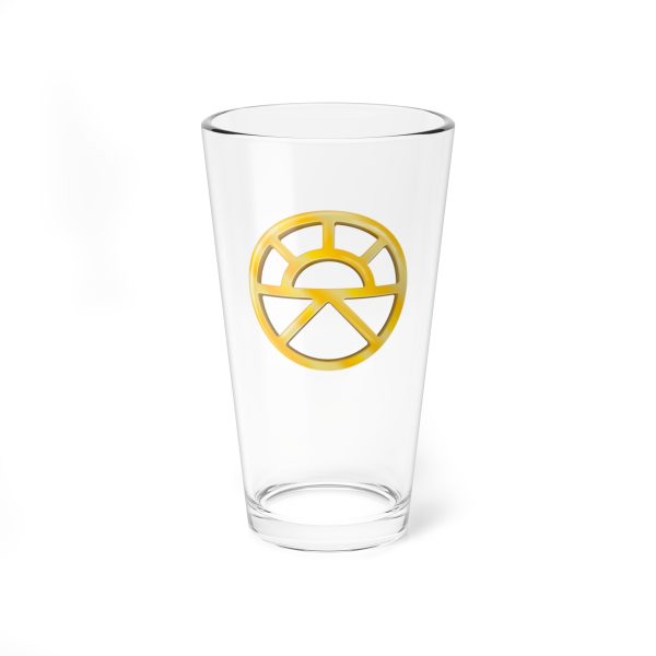 16 oz pint glass with the dnd symbol of Lathander, fantasy deity of dungeons and dragons, front