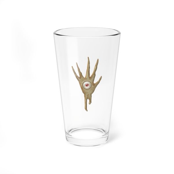 16 oz pint glass with the dnd symbol of Vecna, fantasy deity of dungeons and dragons, front