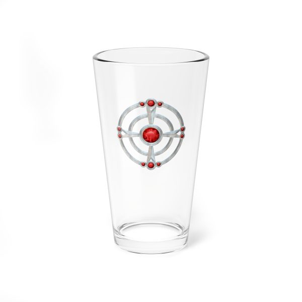 16 oz pint glass with the dnd symbol of St. Cuthbert, fantasy deity of dungeons and dragons, front