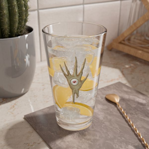 16 oz pint glass with the dnd symbol of Vecna, fantasy deity of dungeons and dragons, lemonade