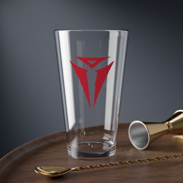 16 oz pint glass with the dnd symbol of Asmodeus, fantasy deity of dungeons and dragons, on desk