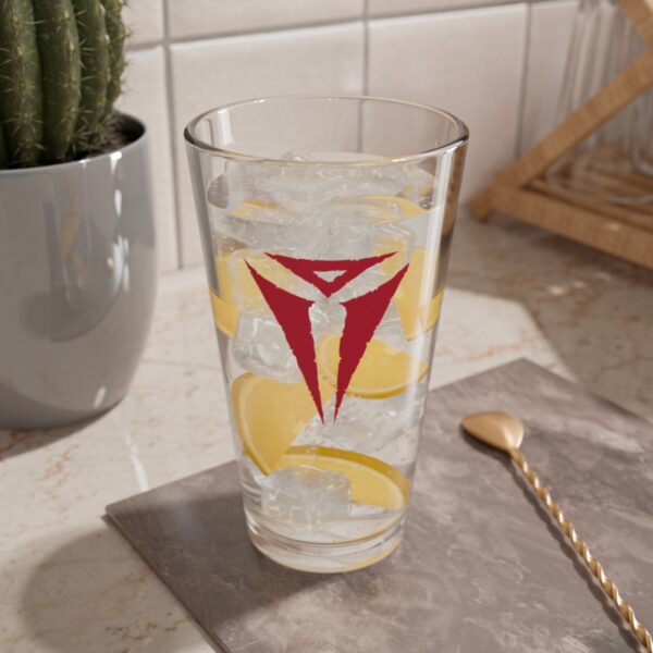 16 oz pint glass with the dnd symbol of Asmodeus, fantasy deity of dungeons and dragons, lemonade