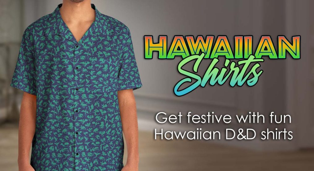Fun fantasy hawaiian shirt with eye-catching patterns, great for geeky gamers or Dungeons and Dragons enthusiasts!