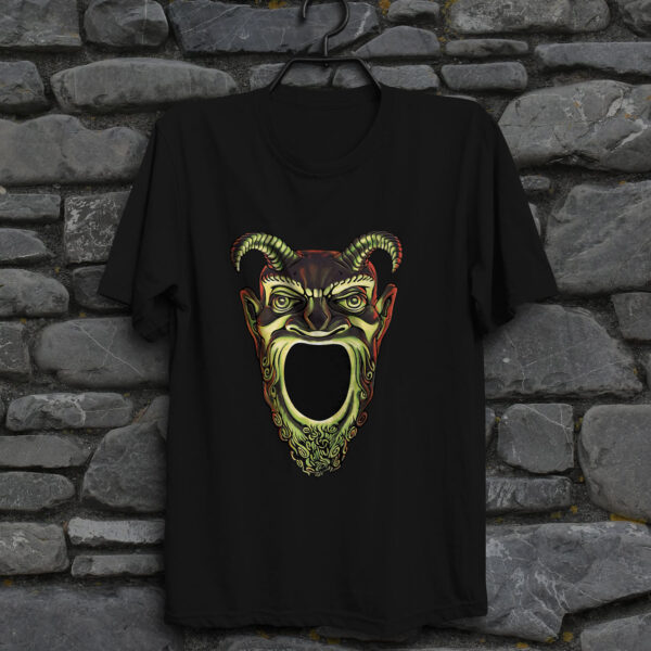 A shirt with the symbol of Acererak, the face of a demon with a gaping maw, a favorite DnD villain, on a black shirt hanging on a wall