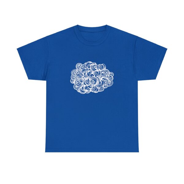 The symbol of akadi, goddess of elemental air - a cloud, on a royal blue shirt
