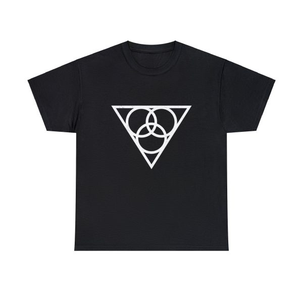 The symbol of Angharradh, three rings on a triangle, on a black shirt