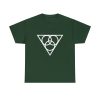 The symbol of Angharradh, three rings on a triangle, on a forest green shirt
