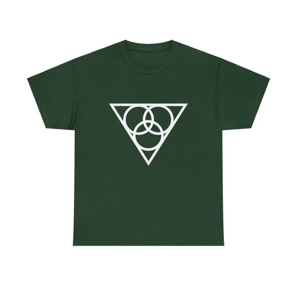 The symbol of Angharradh, three rings on a triangle, on a forest green shirt