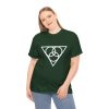 The symbol of Angharradh, three rings on a triangle, on a forest green shirt worn by a woman
