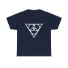 The symbol of Angharradh, three rings on a triangle, on a navy blue shirt
