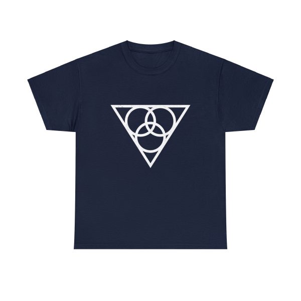 The symbol of Angharradh, three rings on a triangle, on a navy blue shirt
