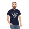 The symbol of Angharradh, three rings on a triangle, on a navy blue shirt worn by a man