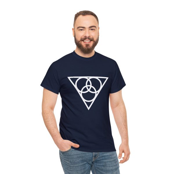 The symbol of Angharradh, three rings on a triangle, on a navy blue shirt worn by a man