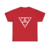 The symbol of Angharradh, three rings on a triangle, on a red shirt