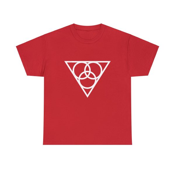 The symbol of Angharradh, three rings on a triangle, on a red shirt
