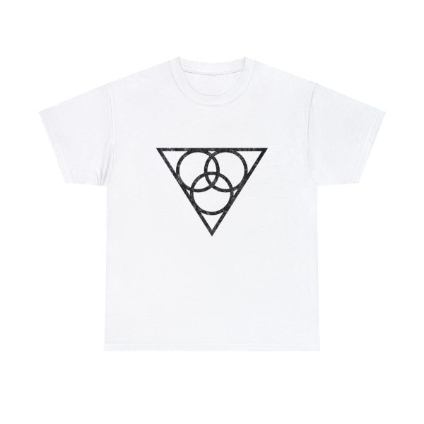 The symbol of Angharradh, three rings on a triangle, on a white shirt