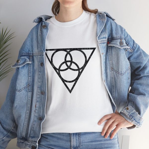 The symbol of Angharradh, three rings on a triangle, on a white shirt under a jean jacket