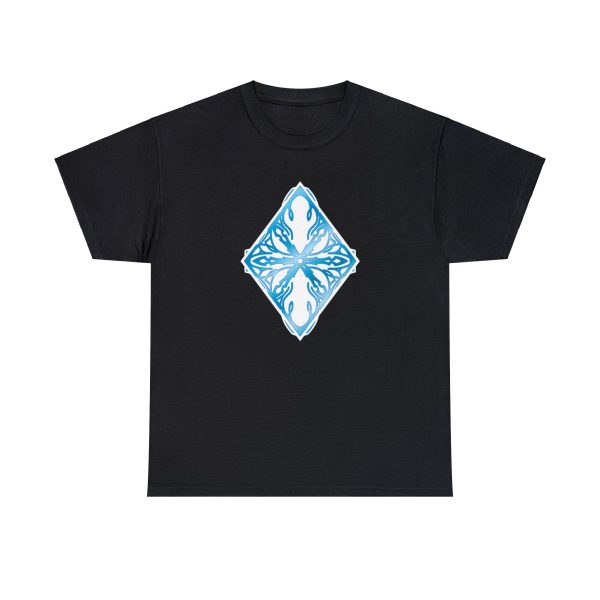 The symbol of auril, a white snowflake in a diamond, on a black shirt