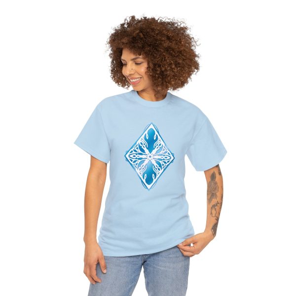 The symbol of auril, a white snowflake in a diamond, on a light blue shirt worn by a woman