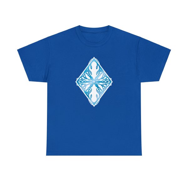 The symbol of auril, a white snowflake in a diamond, on a royal blue shirt