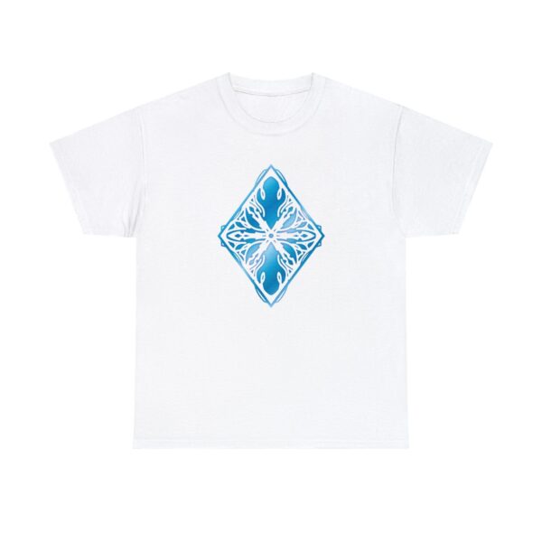 The symbol of auril, a white snowflake in a diamond, on a white shirt