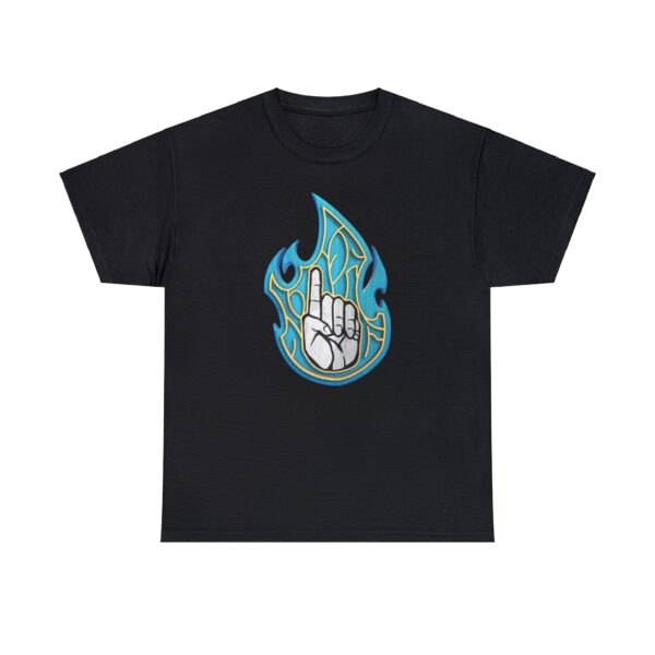 The DnD symbol for Azuth, a left hand pointing index finger upward in blue fire, on a black shirt