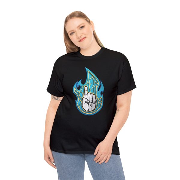 The DnD symbol for Azuth, a left hand pointing index finger upward in blue fire, on a black shirt worn by a woman