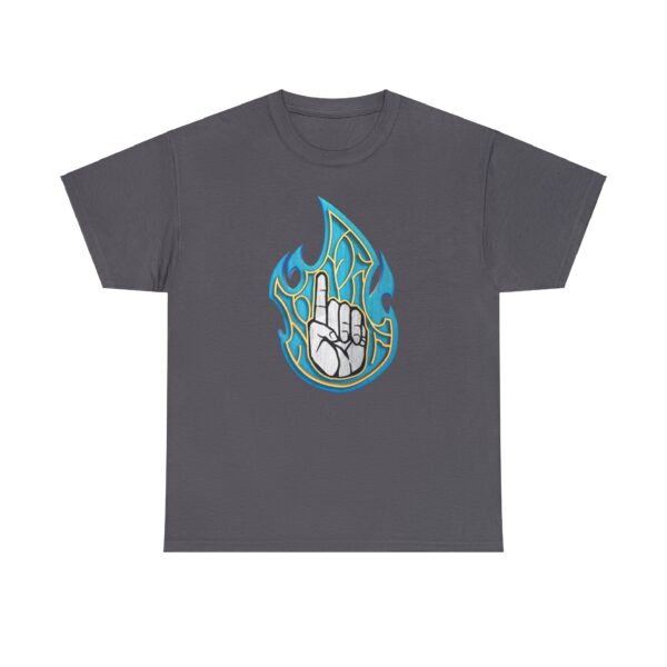 The DnD symbol for Azuth, a left hand pointing index finger upward in blue fire, on a charcoal gray shirt