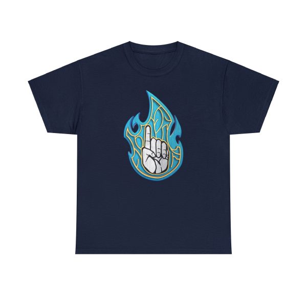 The DnD symbol for Azuth, a left hand pointing index finger upward in blue fire, on a navy blue shirt