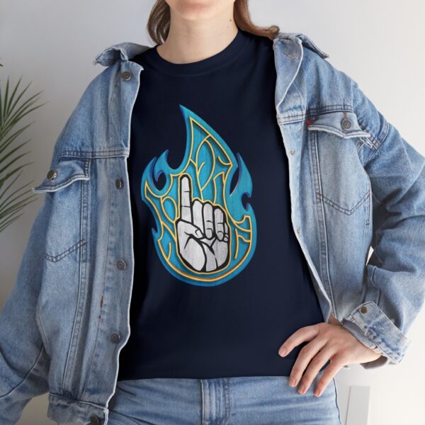 The DnD symbol for Azuth, a left hand pointing index finger upward in blue fire, on a navy blue shirt under a jean jacket
