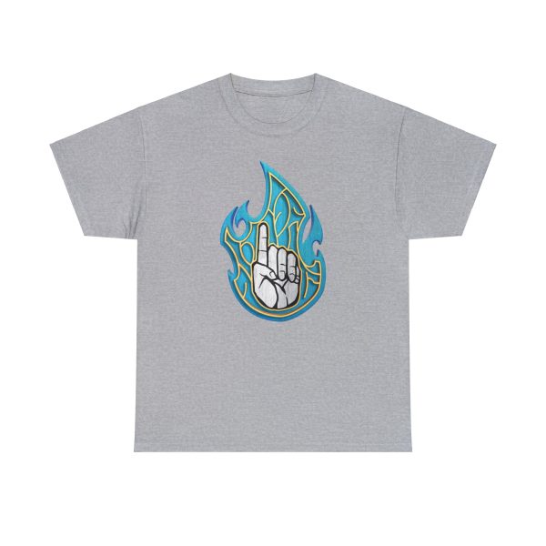 The DnD symbol for Azuth, a left hand pointing index finger upward in blue fire, on a sport gray shirt