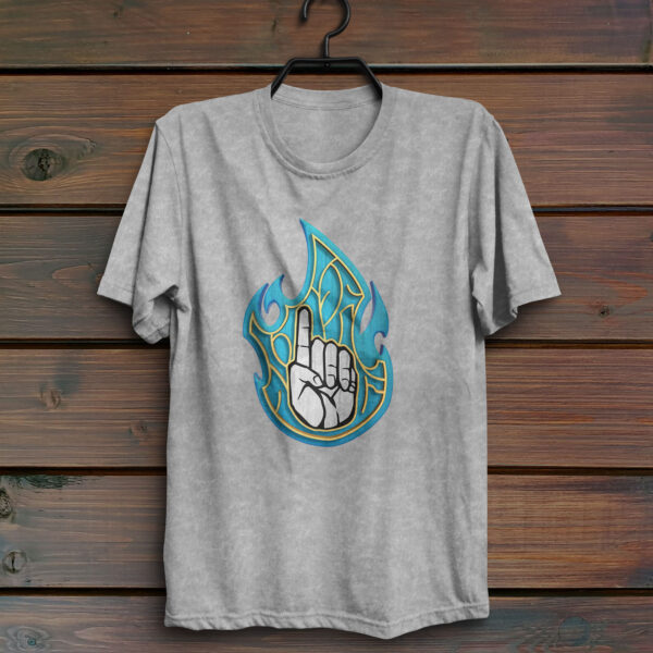 The DnD symbol for Azuth, a left hand pointing index finger upward in blue fire, on a sport gray shirt hanging on a wall