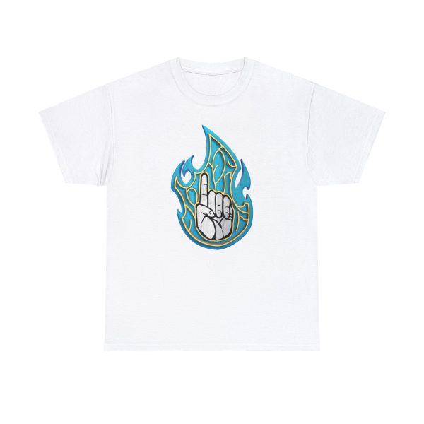 The DnD symbol for Azuth, a left hand pointing index finger upward in blue fire, on a white shirt