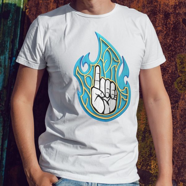 The DnD symbol for Azuth, a left hand pointing index finger upward in blue fire, on a white shirt worn by a man leaning against a rusty wall