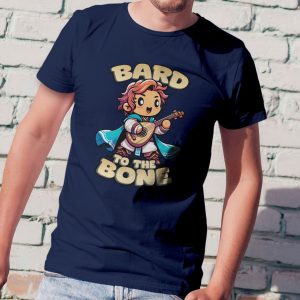 Bard to the Bone shirt, a playful shirt for dungeons and dragons bard players, on navy blue, on a man leaning against a wall