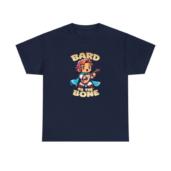 Bard to the Bone shirt, a playful shirt for dungeons and dragons bard players, on navy blue