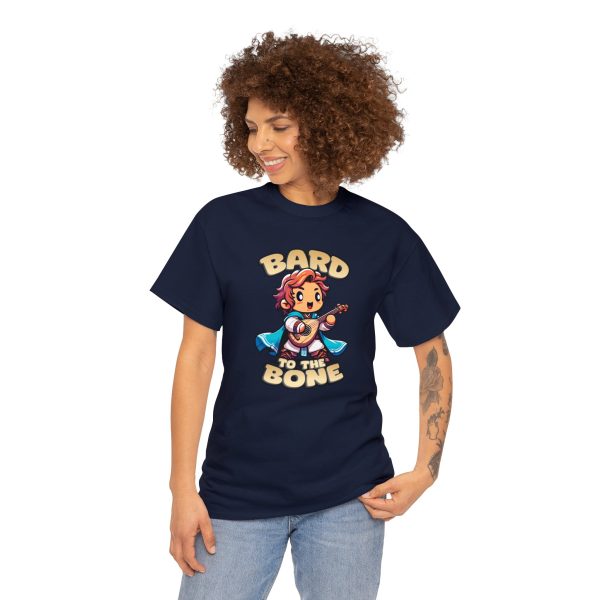 Bard to the Bone shirt, a playful shirt for dungeons and dragons bard players, on navy blue worn by a woman