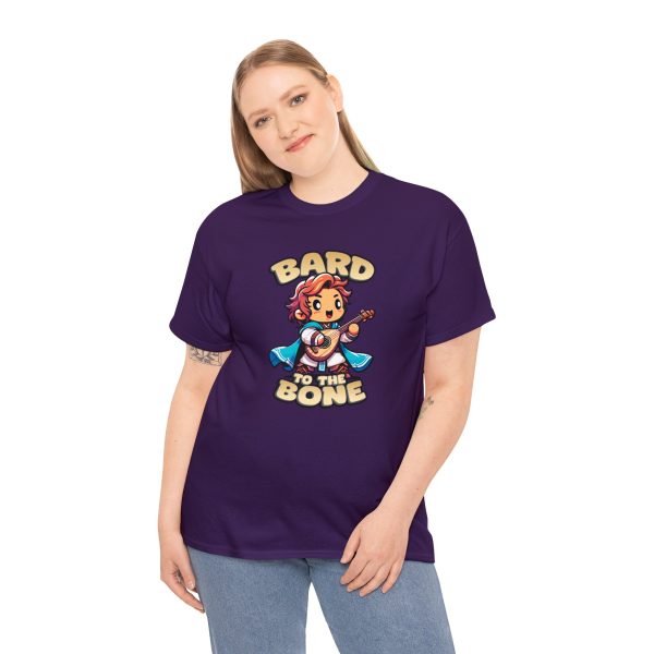 Bard to the Bone shirt, a playful shirt for dungeons and dragons bard players, on purple worn by a woman