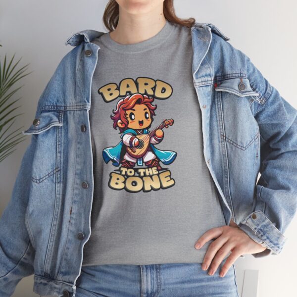 Bard to the Bone shirt, a playful shirt for dungeons and dragons bard players, on sport gray under a jean jacket