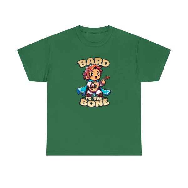 Bard to the Bone shirt, a playful shirt for dungeons and dragons bard players, on turf green