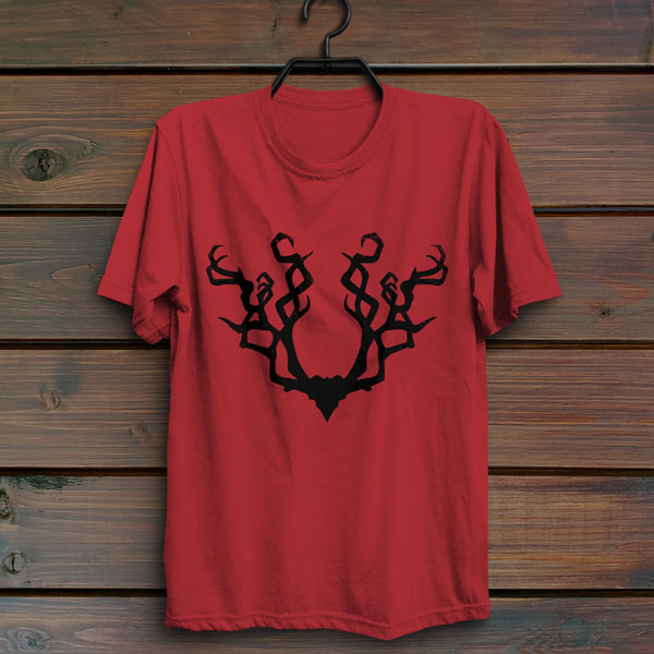 Gnarled Antlers, the symbol of Beshaba, in a red shirt hanging on a wall