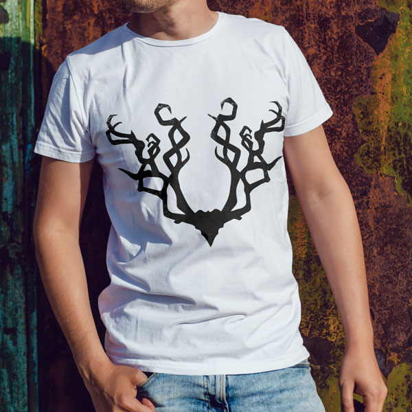 Gnarled Antlers, the symbol of Beshaba, in a white shirt on a guy leaning on a wall