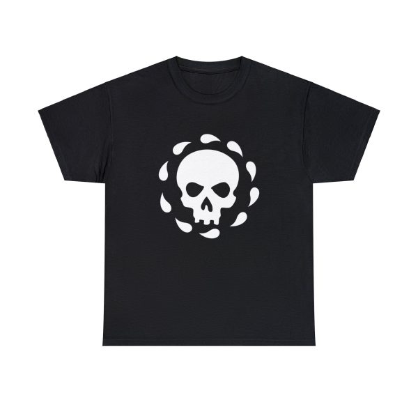 The symbol of Bhaal, a skull circled by drops of blood, on a black T-Shirt