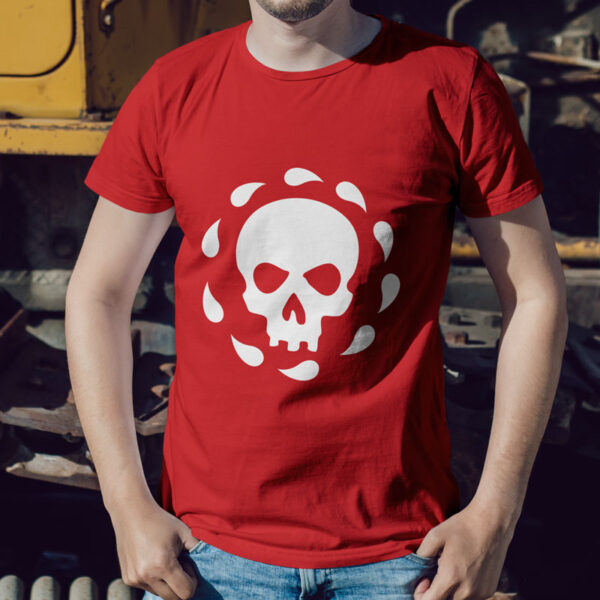 The symbol of Bhaal, a skull circled by drops of blood, on a Red T-Shirt worn by a man leaning against a wall
